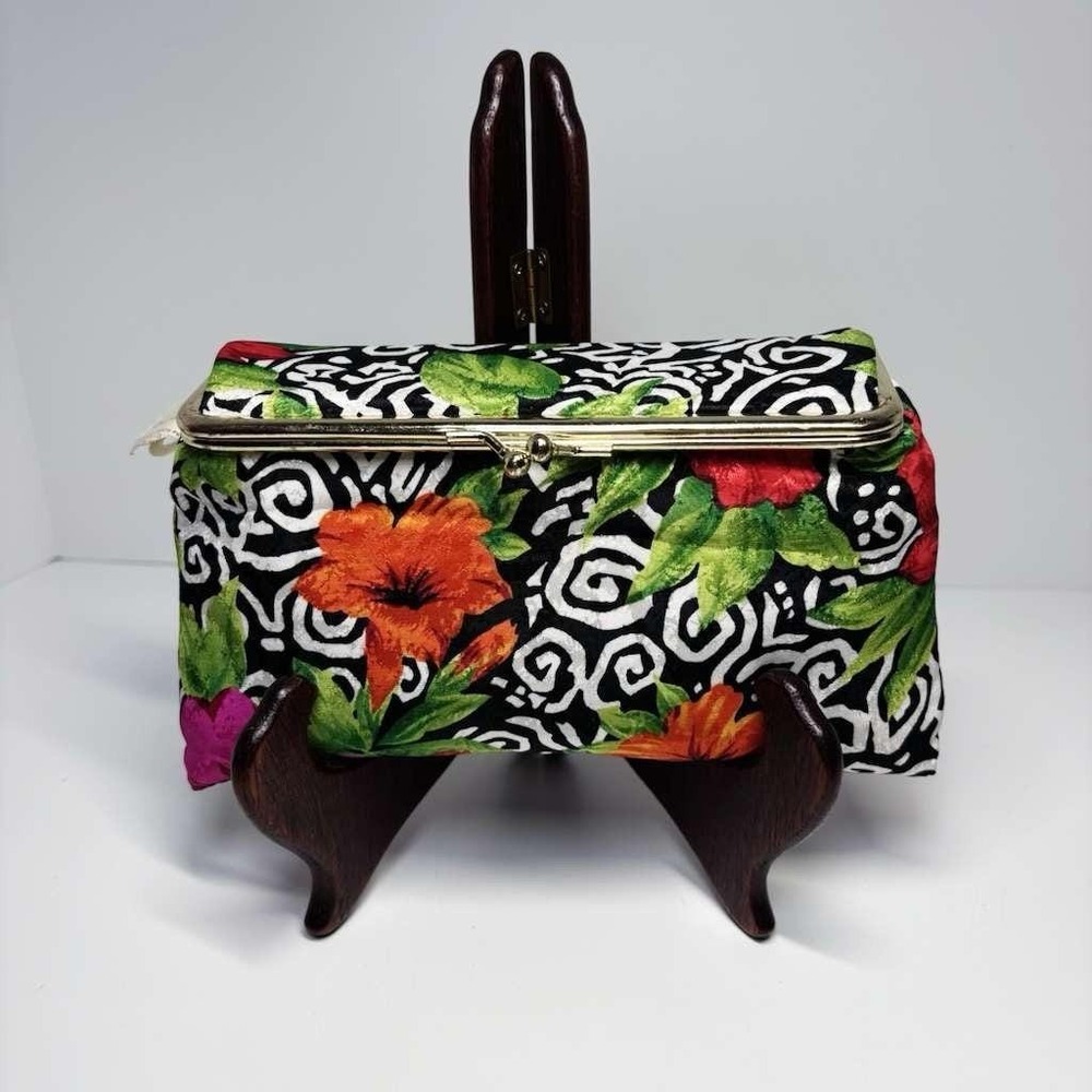Oscar De La Renta Fold Over Clutch Snap Mirror Hibiscus Flora Print 7" X 5" RARE